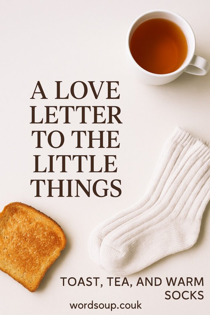 A feel-good celebration of 20 little things that bring big comfort—like toast, tea, fluffy socks, surprise fivers, and rainy days. Cosy up and feel the love.