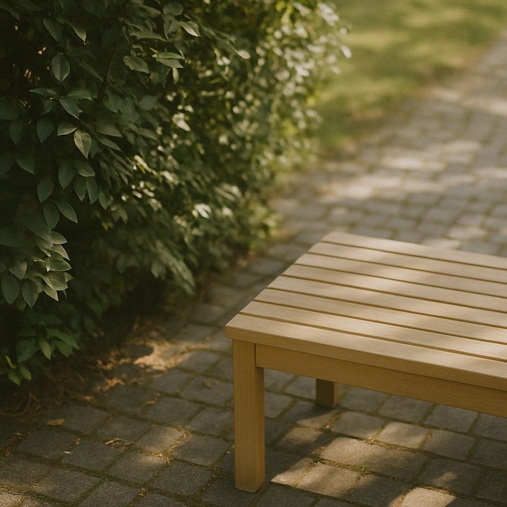 bench standing on a pathway by a bush