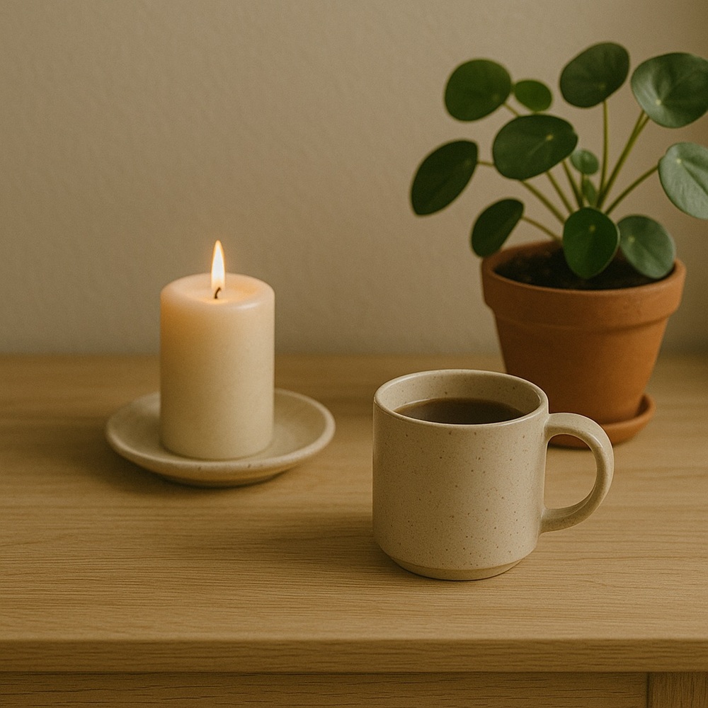 candle plant and cup of tea