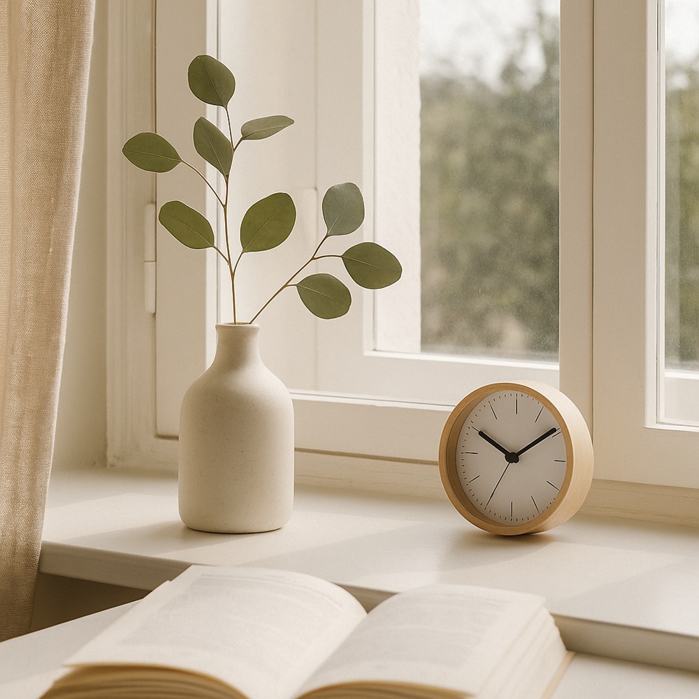 plant book and clock by a window