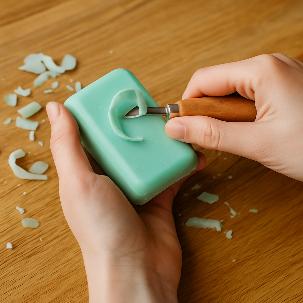 A person uses a carving tool to cut a curved shape into a rectangular bar of light green soap, with soap shavings scattered on a wooden surface.