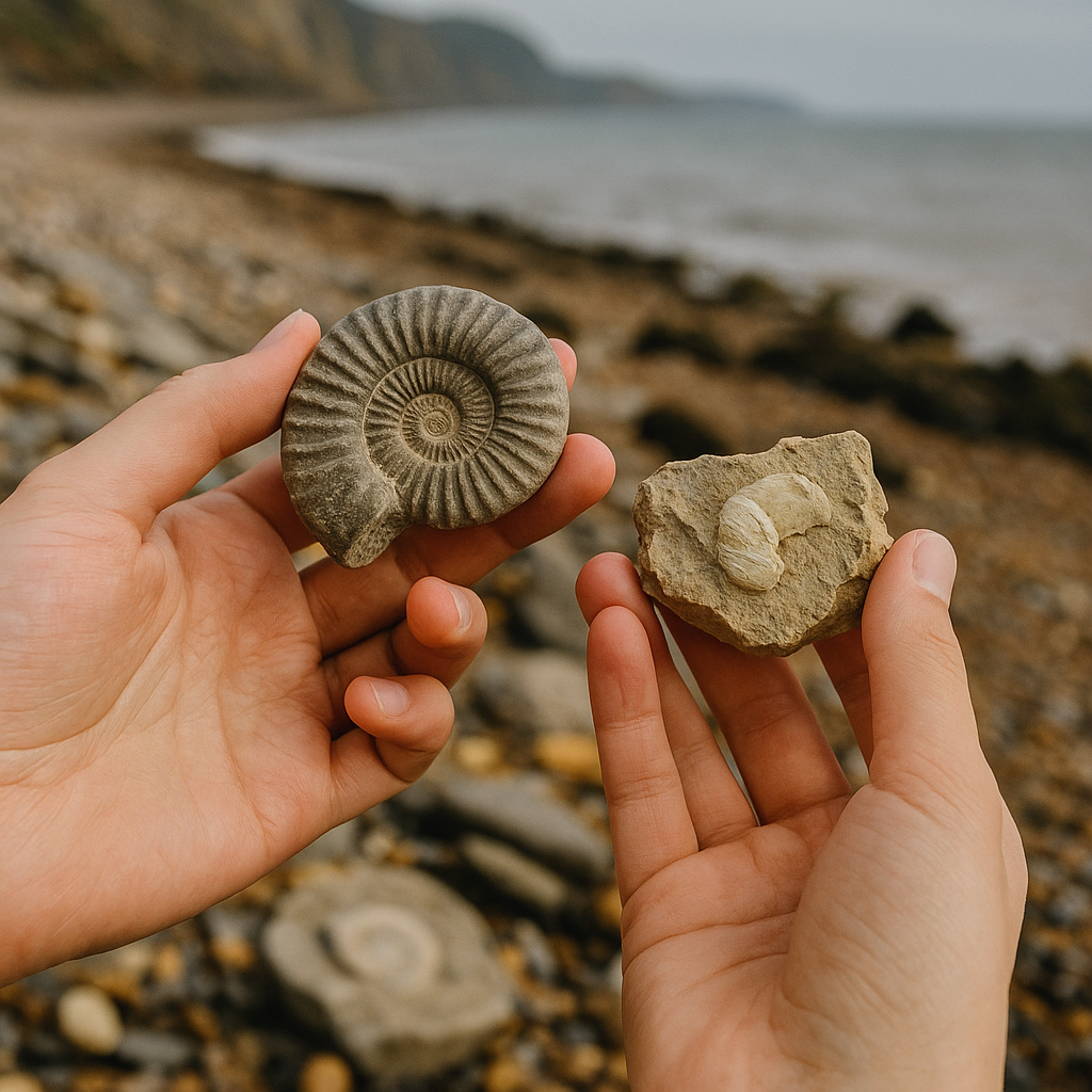 Two hands hold fossils found on a rocky beach. One fossil is a spiral ammonite, and the other is a small shell embedded in a rock. The shoreline and cliffs are visible in the background.