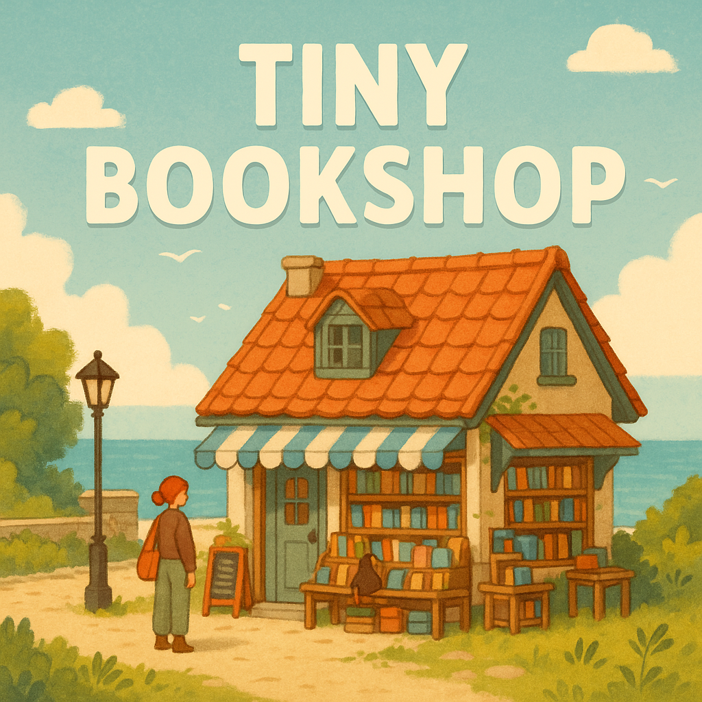 Illustration of a cosy, small bookshop with a red-tiled roof by the seaside. A woman stands outside, and books line shelves outside the shop. Blue sky, greenery, and the text “TINY BOOKSHOP” appear above.
