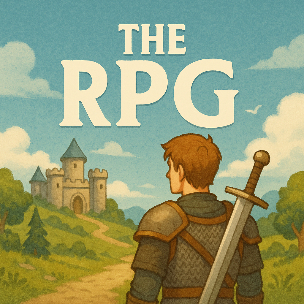 A knight in armour stands on a dirt path, facing a distant castle under a blue sky. Large text above reads THE RPG. Lush green trees and hills surround the scene.