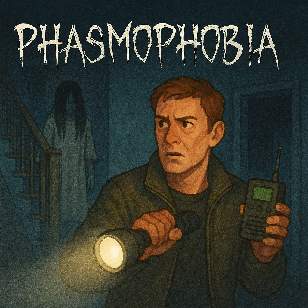 A tense man holding a torch and a radio looks around nervously, while a ghostly figure with long black hair stands ominously at the top of stairs behind him. The word Phasmophobia appears above in jagged letters.