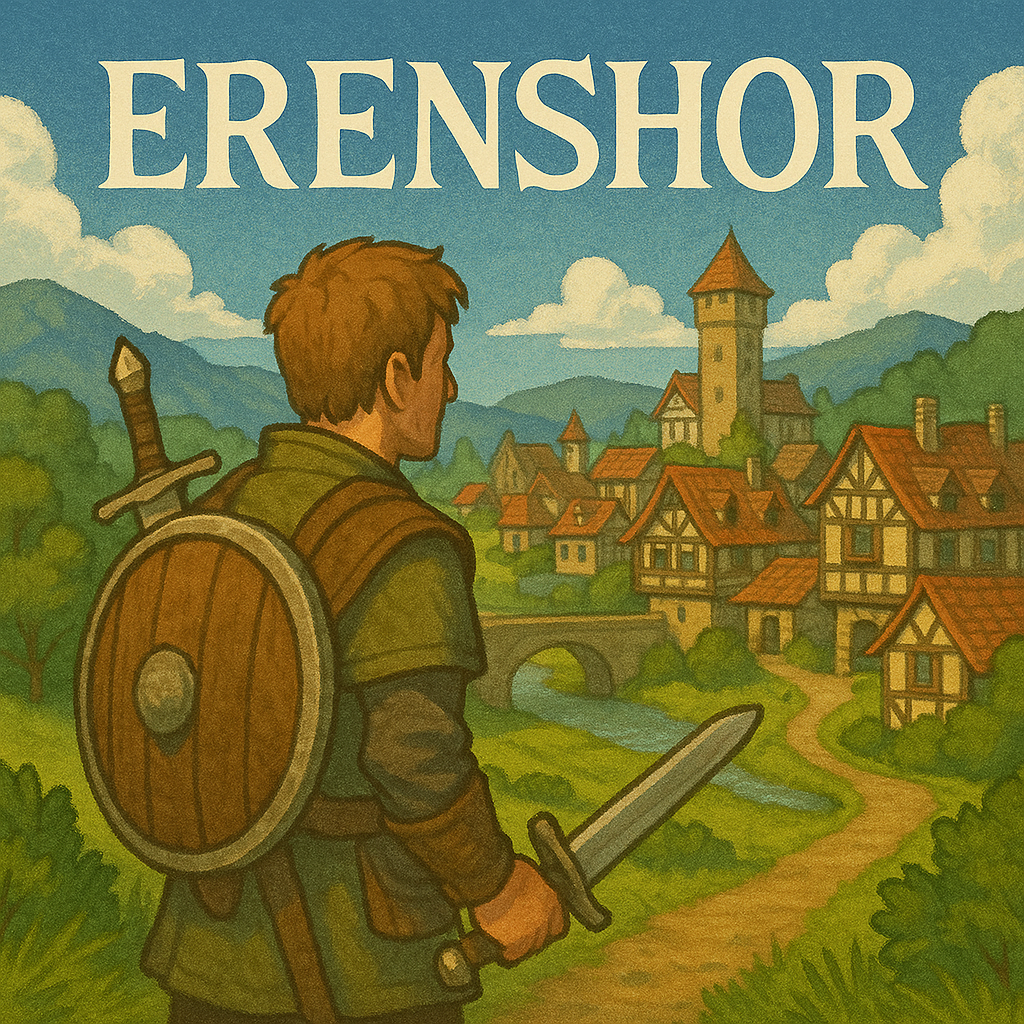 An adventurer with a sword and shield stands on a path overlooking a mediaeval village with stone houses, a bridge, and a castle tower. ERENSHOR is written in large letters above the scene.
