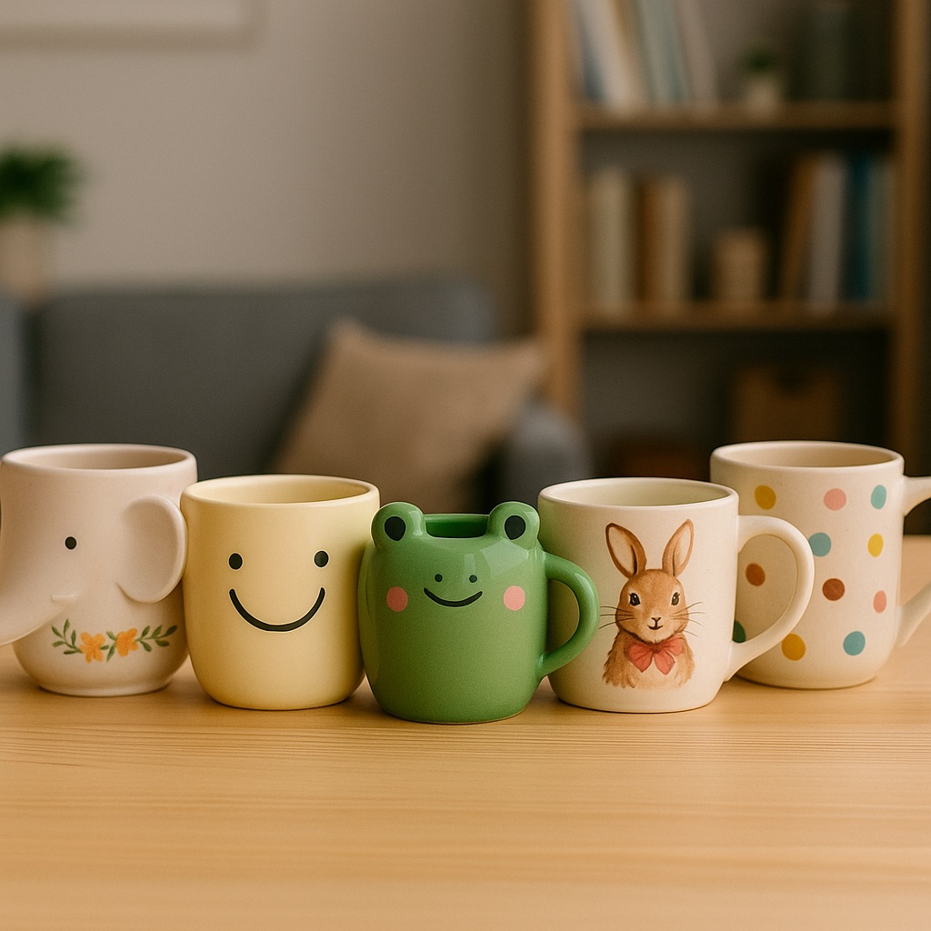 Five mugs sit on a wooden table. From left to right: one with a floral design, a yellow mug with a smiley face, a green frog-shaped mug, a mug with a rabbit illustration, and a white mug with colourful polka dots.