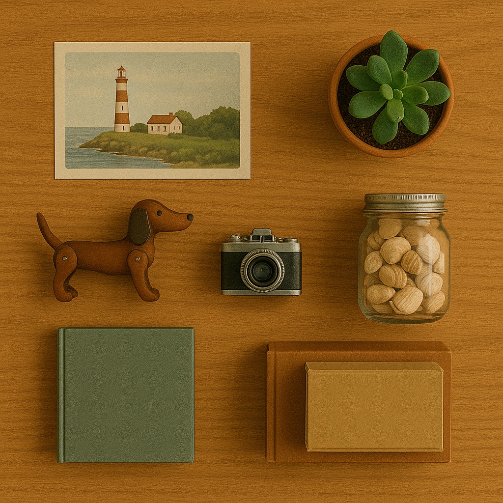 A top-down view of a wooden table displaying a postcard of a lighthouse, a potted succulent, a wooden dog figurine, a vintage camera, a jar of nuts, and two closed books in green and brown.