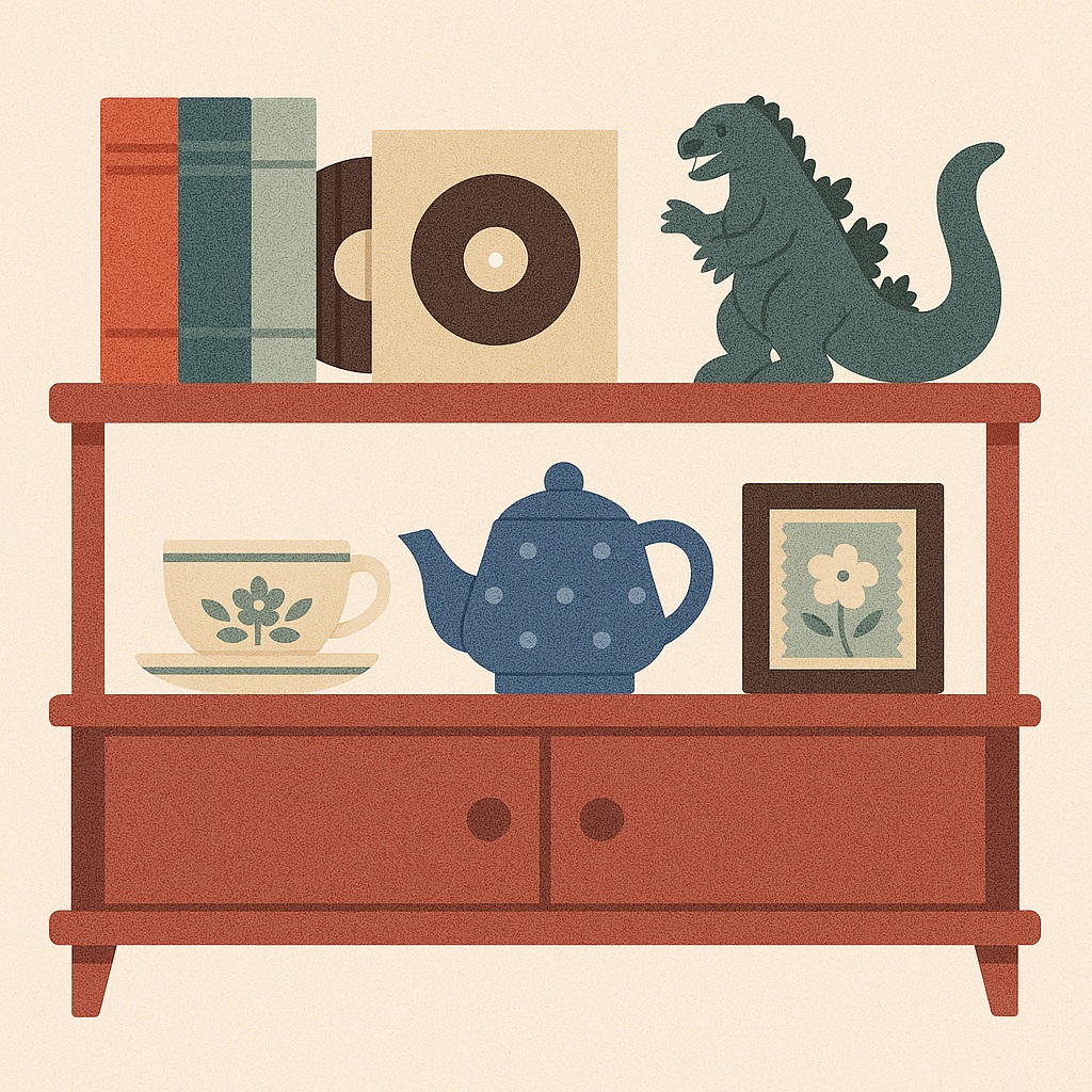 A red wooden shelf holding books, a vinyl record, a Godzilla figurine, a teacup and saucer, a blue teapot, and a framed flower picture.
