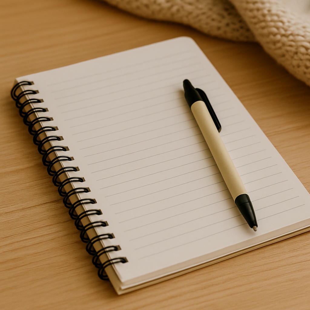 A black and white pen rests on the open pages of a blank, lined spiral notebook placed on a wooden surface with a knitted beige fabric nearby.