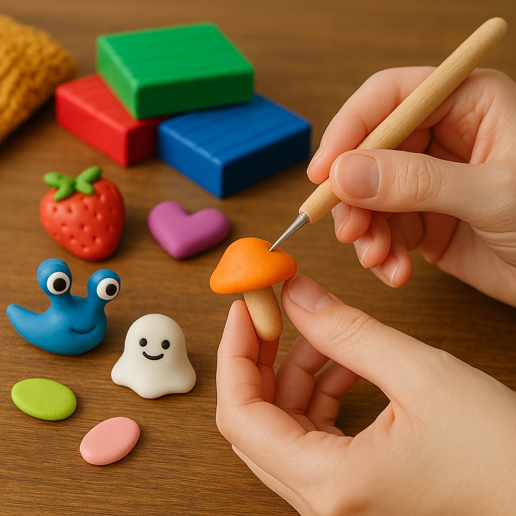 Hands sculpt a mushroom from colourful modelling clay with a wooden tool. Finished clay figures—a snail, ghost, heart, strawberry—and clay blocks are scattered on a wooden table in the background.