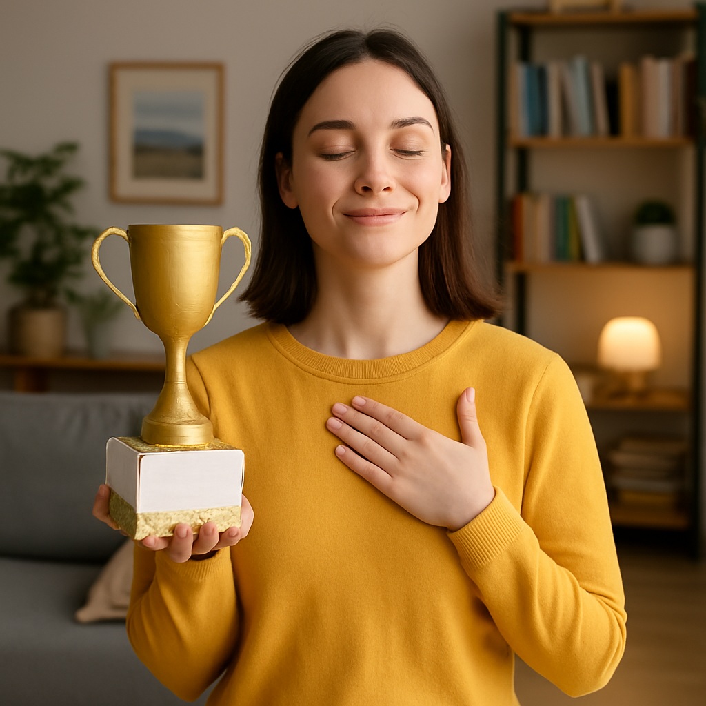 A young woman in a yellow jumper smiles with her eyes closed, holding a gold trophy in one hand and touching her chest with the other, appearing proud and grateful in a cosy living room.