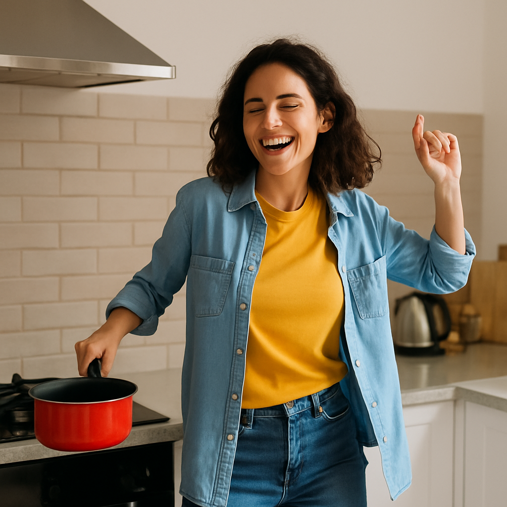 A woman in a yellow shirt and blue denim jacket smiles and dances in a kitchen while holding a red saucepan on the hob.