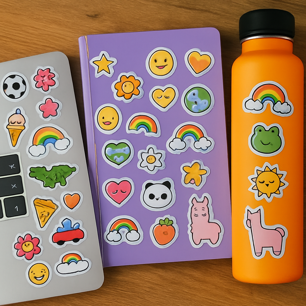 A laptop, a purple notebook, and an orange water bottle decorated with colourful stickers of rainbows, hearts, smiley faces, a frog, a panda, a llama, food items, and other cute designs on a wooden surface.