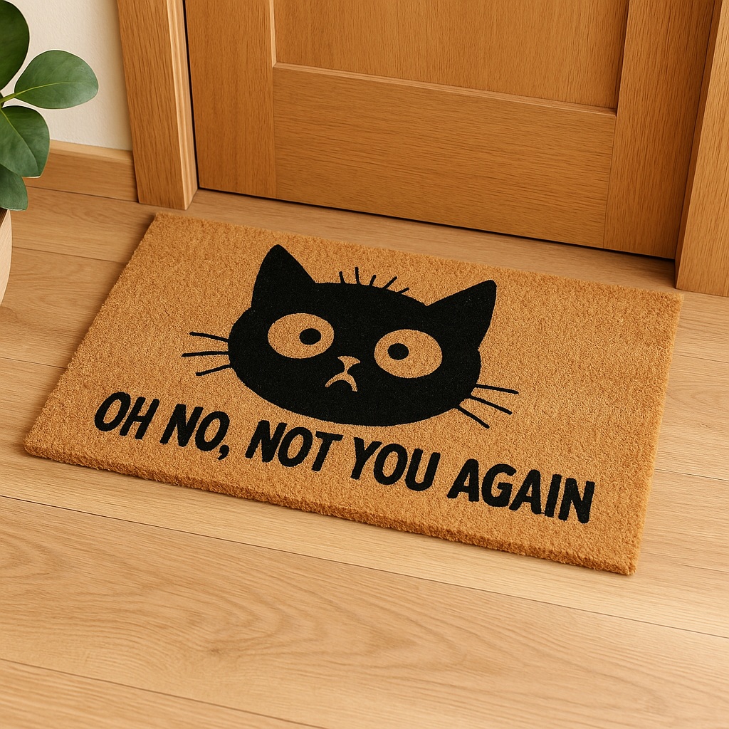 A brown doormat with a cartoon black cat's face and the words OH NO, NOT YOU AGAIN printed in black, placed in front of a wooden door on a light wood floor. A green potted plant is partially visible on the left.