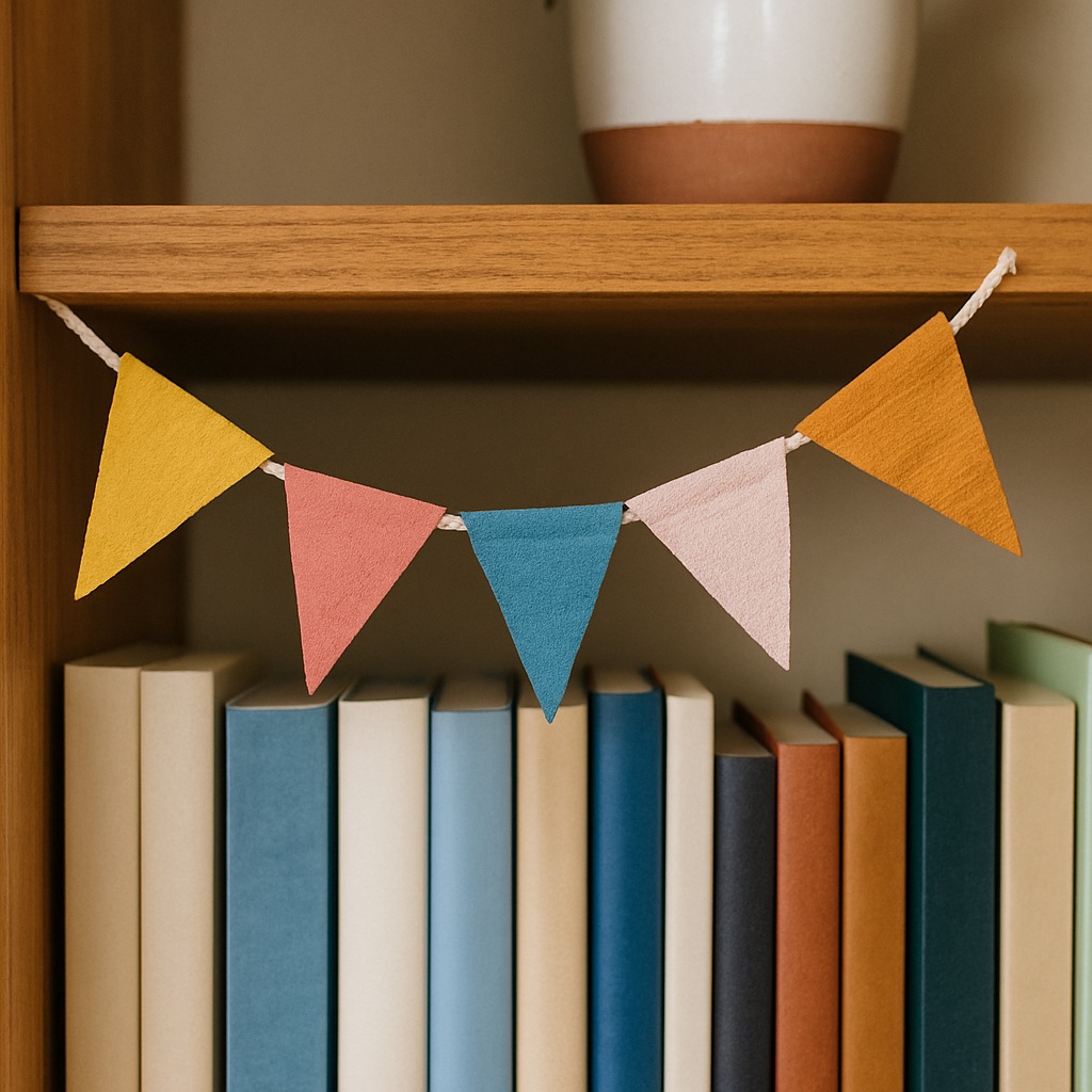 A string of colourful triangular pennant flags hangs across a wooden bookcase filled with neatly arranged books in various pastel and neutral colours. A potted plant sits on the top shelf.