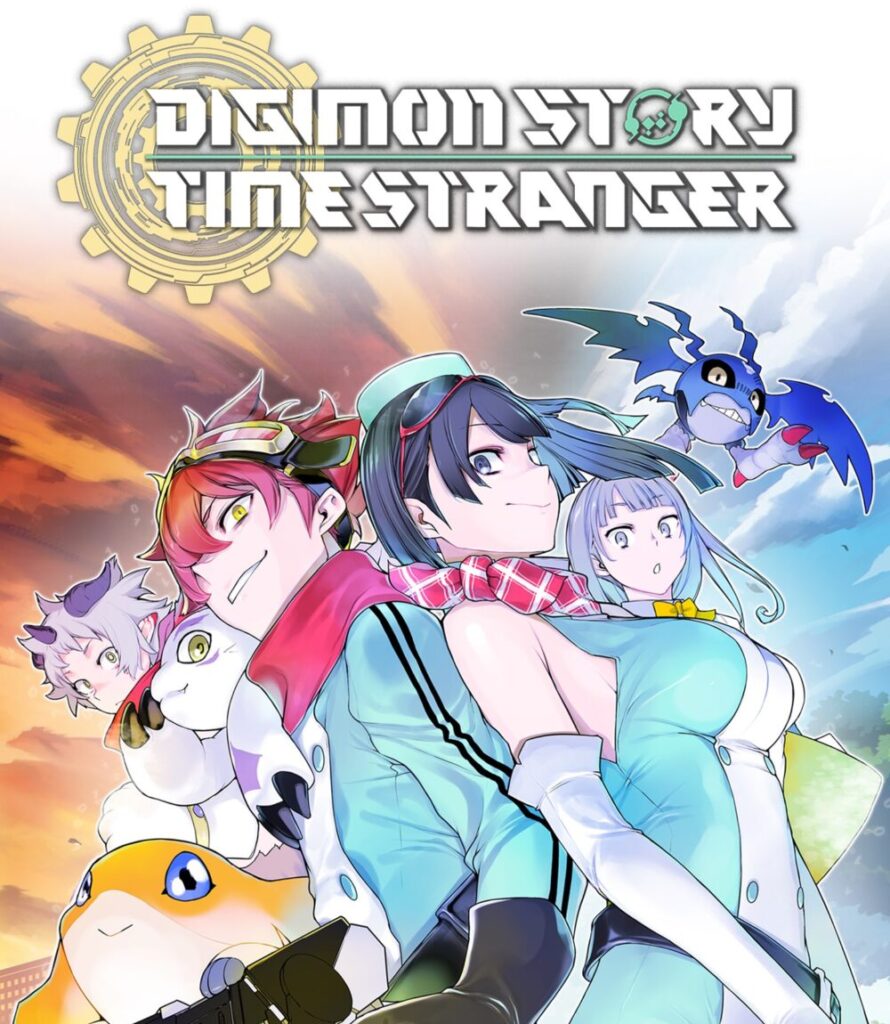 Two adventurers in futuristic suits stand back to back with three Digimon creatures and a girl, under a colourful sky. The title Digimon Story: Timestranger is displayed in bold, stylised text above them.