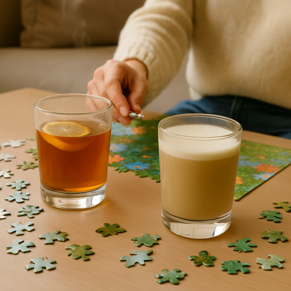 Two drinks, one with a slice of lemon and the other creamy, sit on a table scattered with puzzle pieces. A person in a light jumper is working on the puzzle in the background.