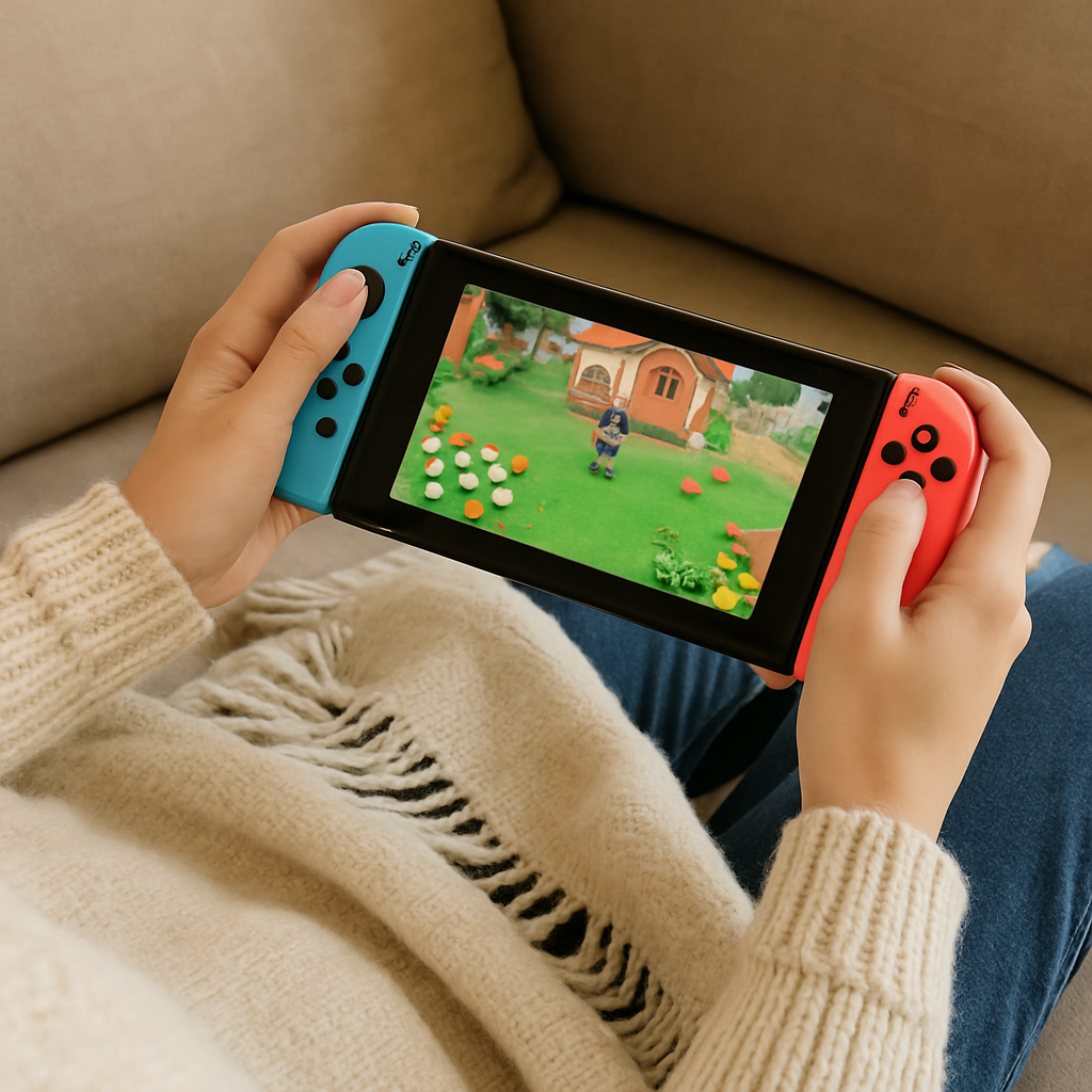 Person wearing a cream jumper plays a game on a handheld console with blue and red controllers whilst sitting on a beige sofa. The game displayed shows a character in a colourful village setting.