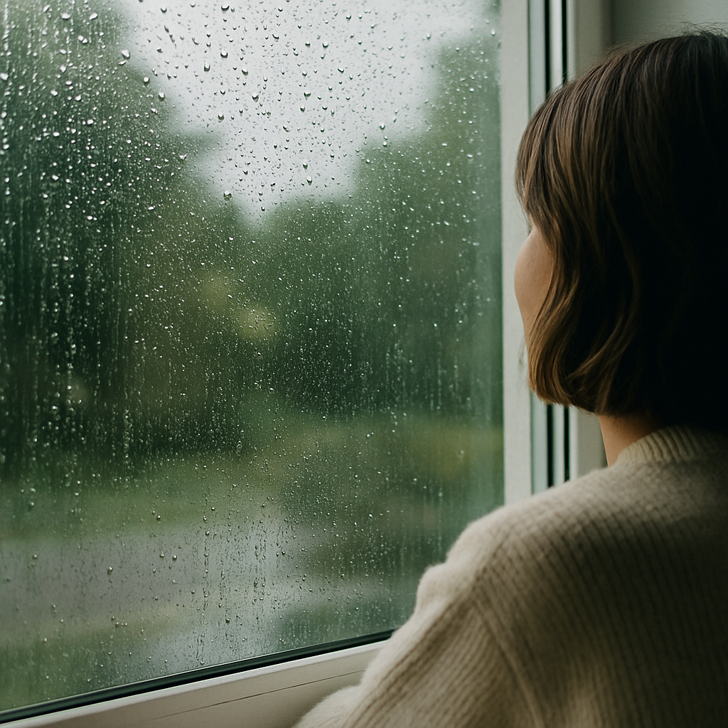 A person with short brown hair wearing a cream jumper looks out of a window covered in raindrops, with blurred green trees visible outside. The mood is calm and contemplative.