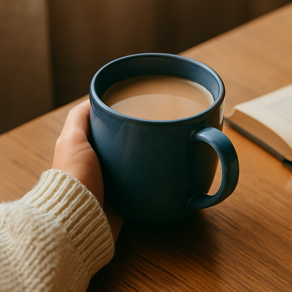 A person in a cream jumper holds a blue mug filled with coffee or tea, sitting at a wooden table next to an open book.