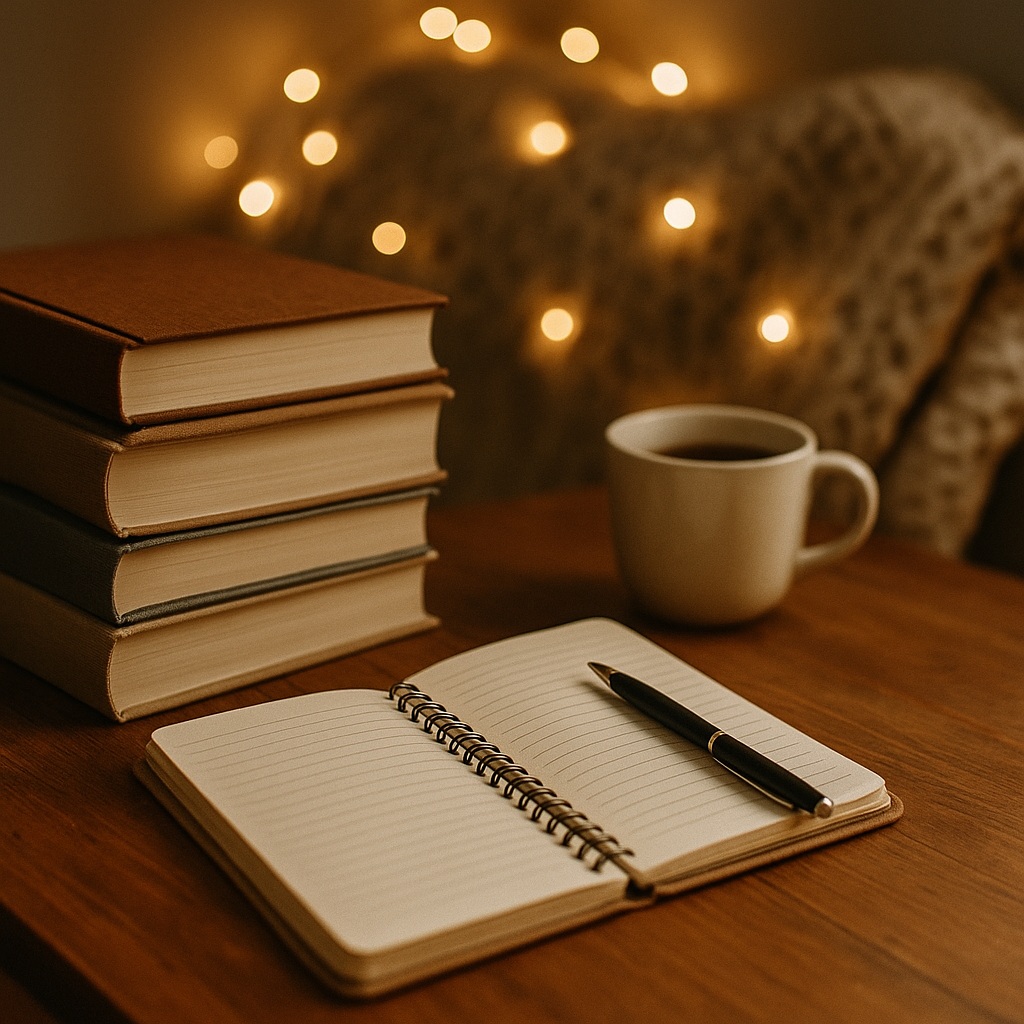 A cosy scene with a stack of books, an open notebook with a pen, and a cup of coffee on a wooden table. Warm fairy lights softly illuminate the background, creating a relaxed, inviting atmosphere.