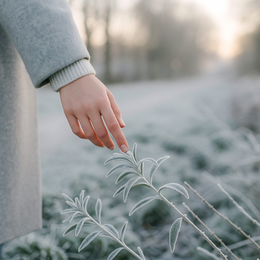 A person in a light grey coat gently reaches their hand towards frosty plant leaves on a cold, misty morning with a blurred background of trees and a path.