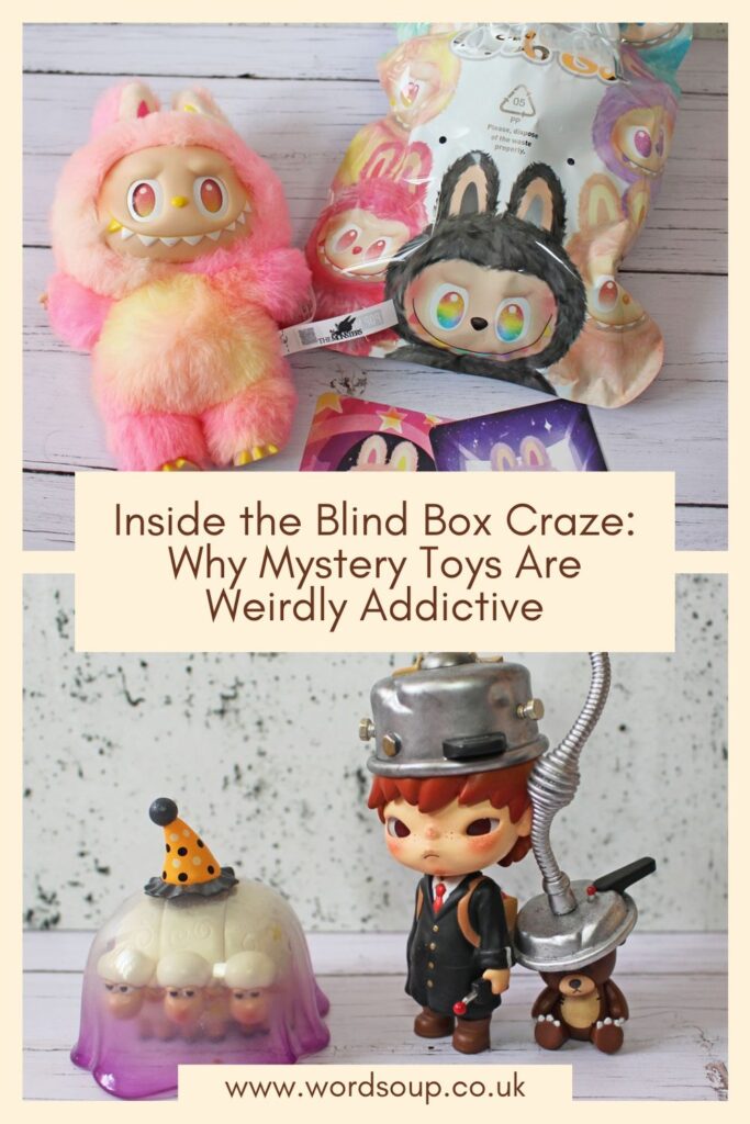 A collage shows colourful mystery toys, including a pink fuzzy creature, animal-themed figures, and a boy with a helmet. Text reads, Inside the Blind Box Craze: Why Mystery Toys Are Weirdly Addictive. www.wordsoup.co.uk.