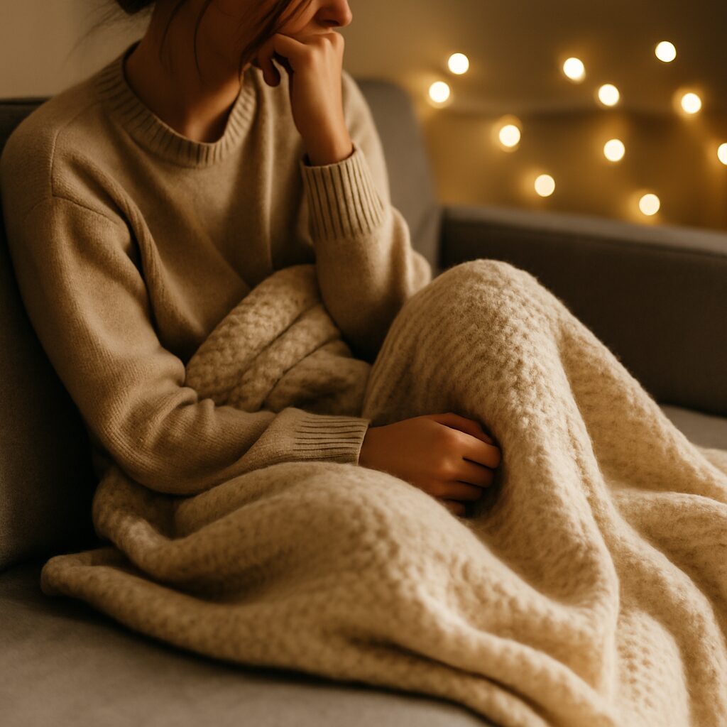 A person sits on a sofa wrapped in a cosy beige blanket, wearing a matching jumper, with warm fairy lights softly glowing in the background. The scene feels calm and comforting.