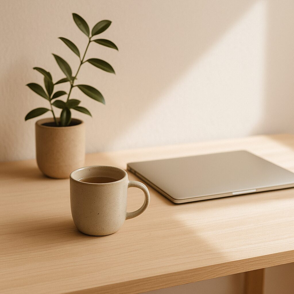 A beige mug, a closed laptop, and a small potted plant sit on a light wooden desk in soft natural light, creating a minimal and calm workspace.