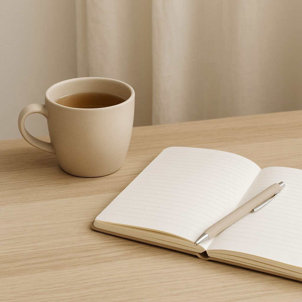 A beige ceramic mug filled with tea sits on a light wooden table next to an open, lined notebook with a beige pen resting on its pages. A cream-coloured curtain is in the background.