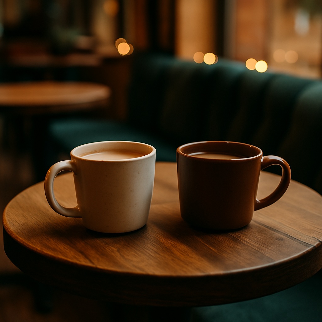 Two coffee mugs, one light and one dark, sit side by side on a round wooden table in a cosy, softly lit café with blurred seating and warm lights in the background.