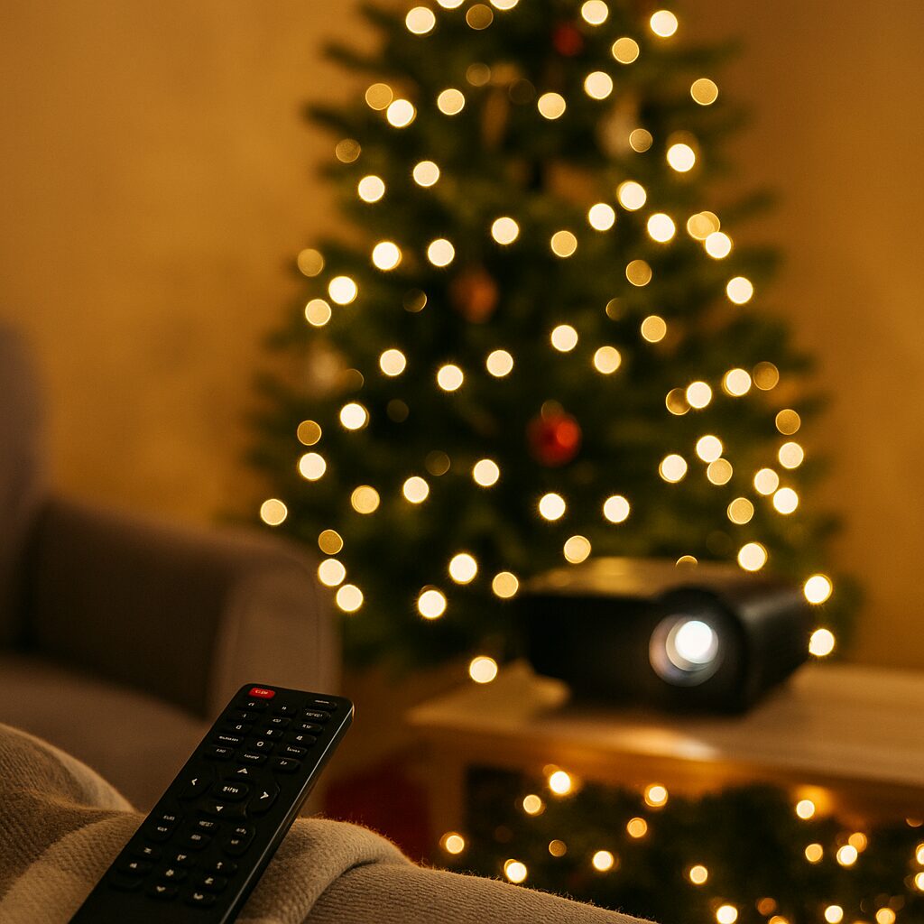 A remote control rests on a blanket in the foreground, with a blurry, lit Christmas tree and a projector on a wooden table in the background, creating a cosy holiday atmosphere.