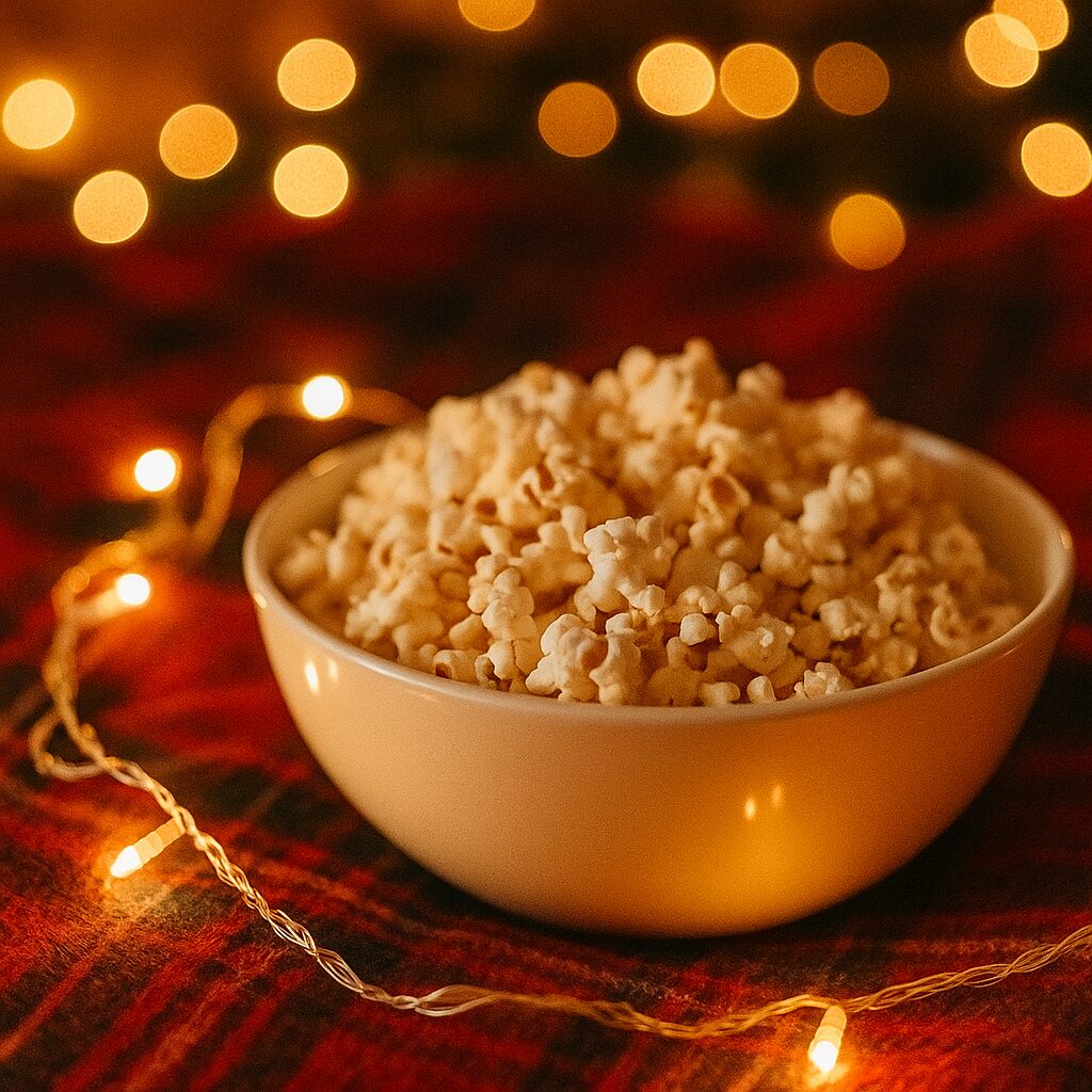 A bowl of popcorn sits on a red checked surface surrounded by glowing fairy lights, with warm, blurry lights in the background creating a cosy atmosphere.