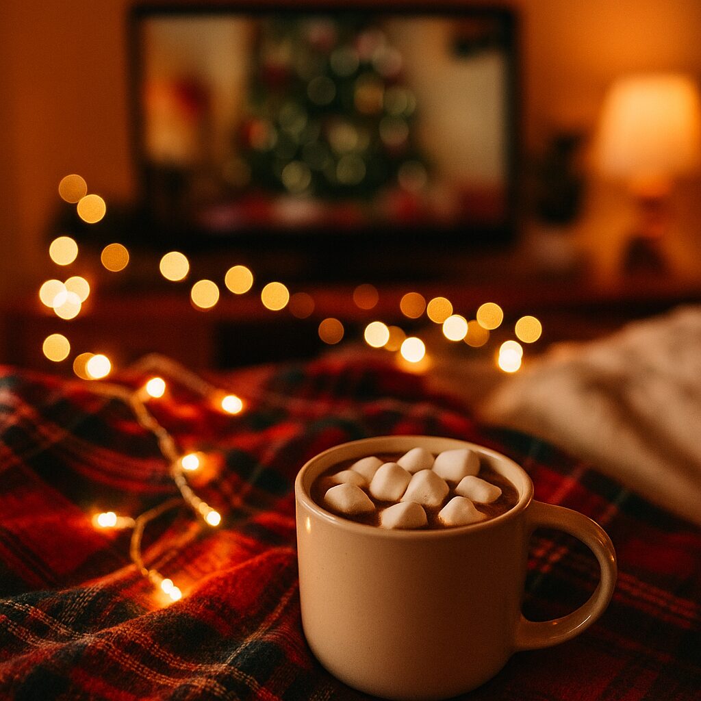 A mug of hot chocolate topped with marshmallows sits on a red checked blanket, with warm fairy lights and a blurred TV screen showing a decorated Christmas tree in the background.