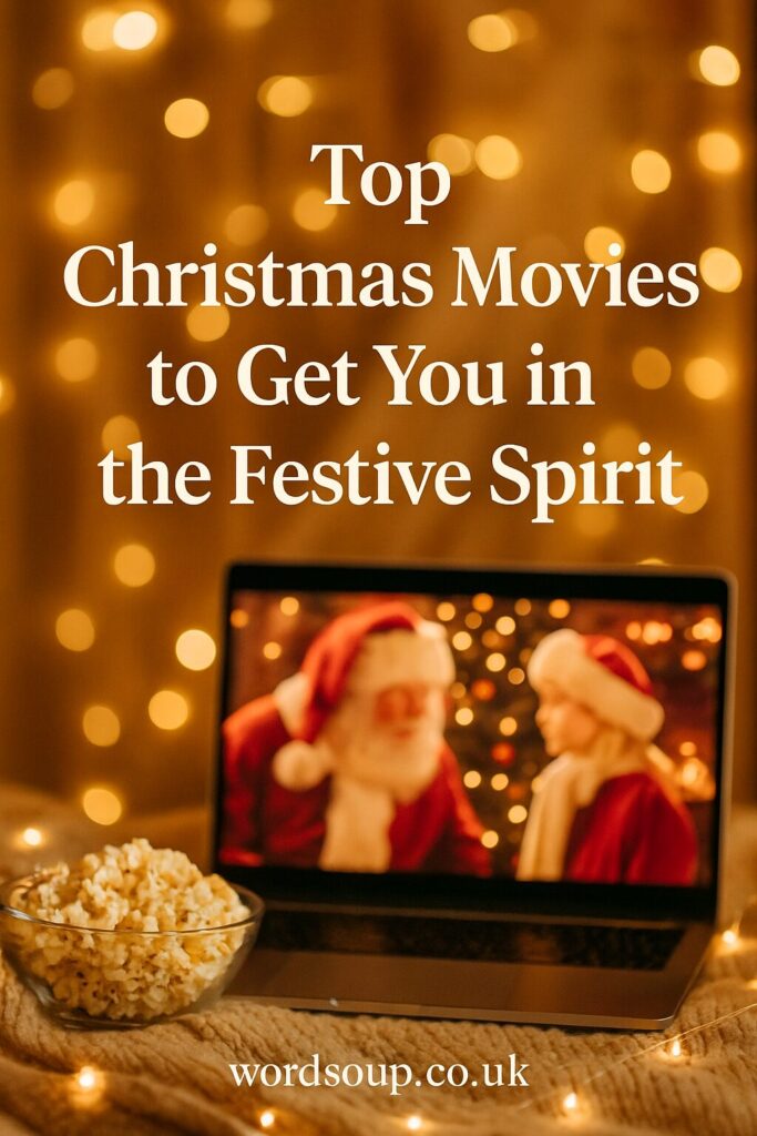 A laptop displays a Christmas film with two people in Santa outfits. A bowl of popcorn sits in front, surrounded by warm fairy lights. Text reads, Top Christmas Films to Get You in the Festive Spirit.