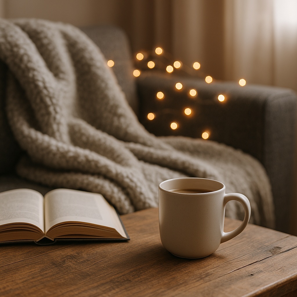 A cosy scene with an open book and a cup of coffee on a wooden table, a soft blanket draped over a sofa, and warm fairy lights glowing in the background.