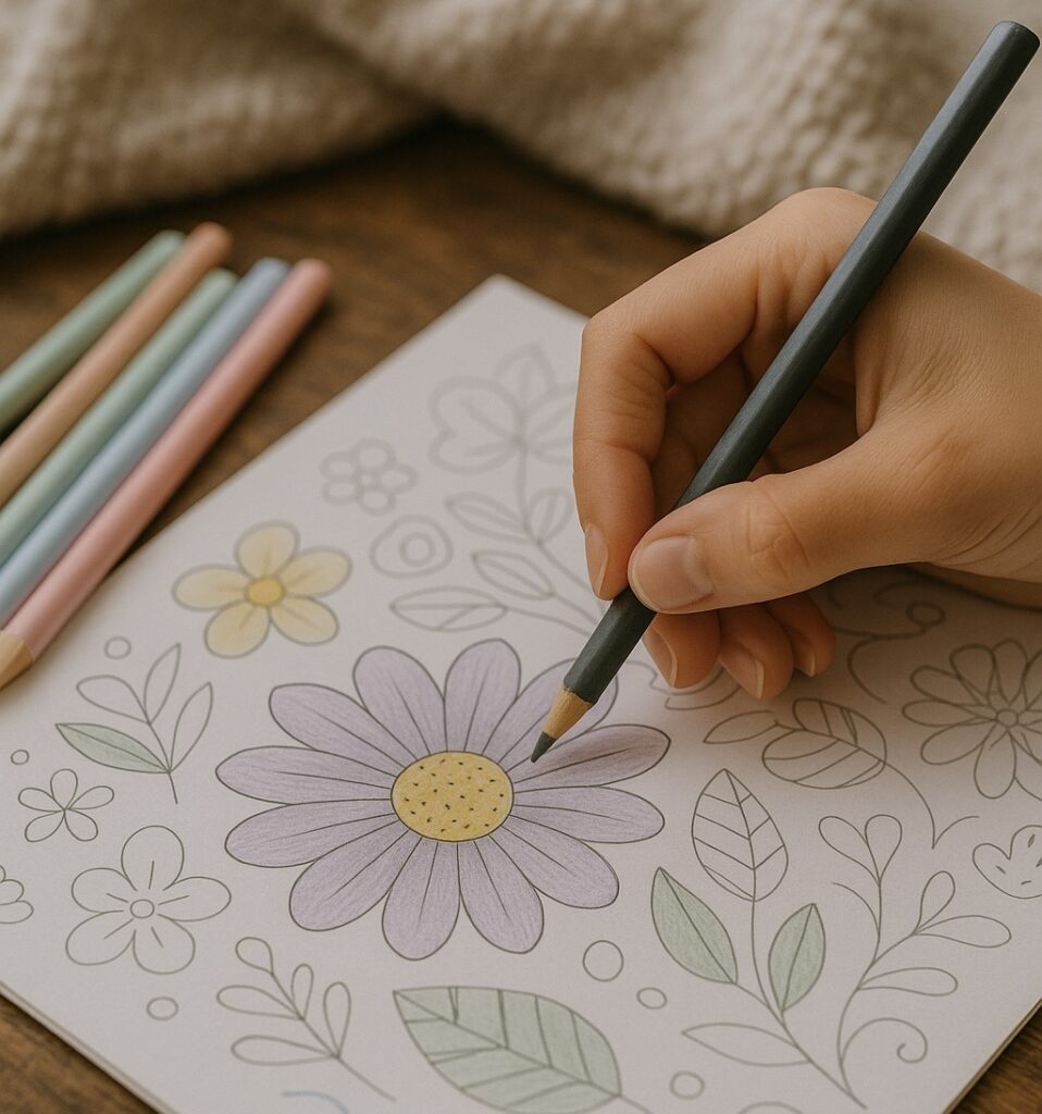 A hand is colouring a flower in a colouring book with a purple pencil. Several coloured pencils are lying on the table nearby. The flower design features petals, leaves, and smaller flowers.