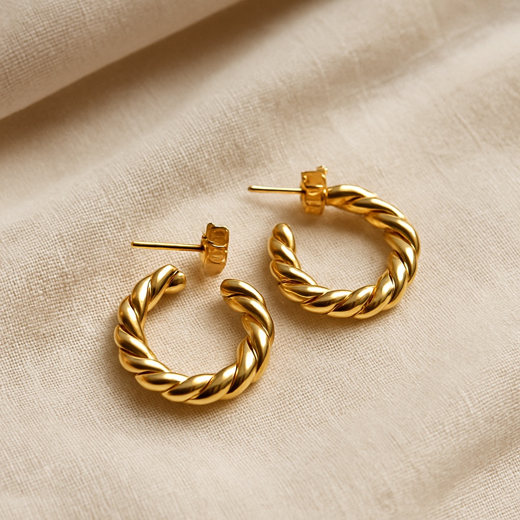 A pair of gold twisted hoop earrings with post backs displayed on a beige fabric background.