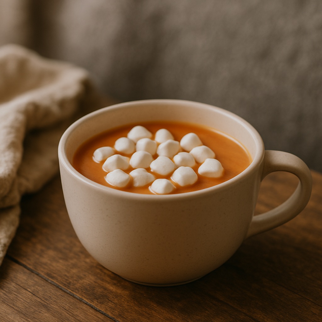 A beige mug filled with hot chocolate topped with mini marshmallows sits on a wooden surface next to a tan fabric.