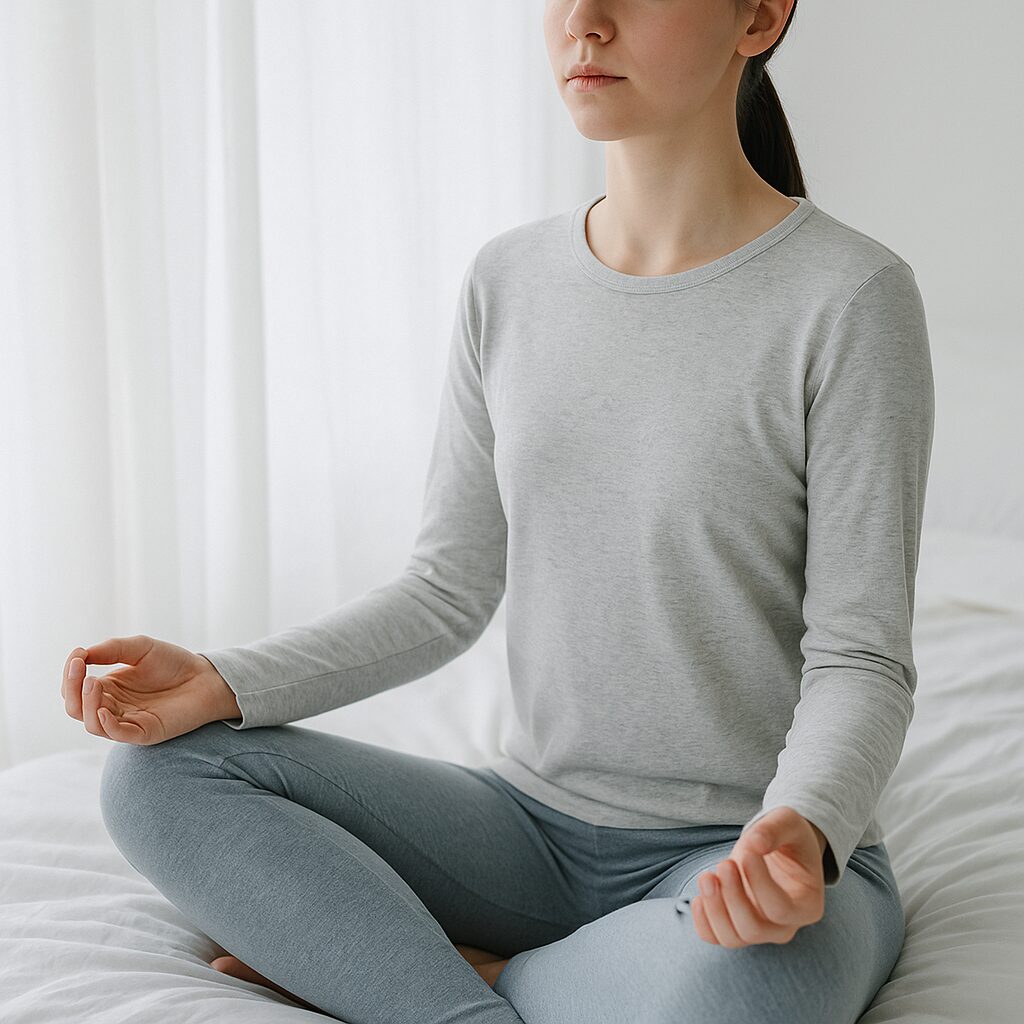 A woman sits cross-legged on a bed, wearing light grey long-sleeve clothes, with her hands resting on her knees in a meditation pose, in a softly lit, white room.