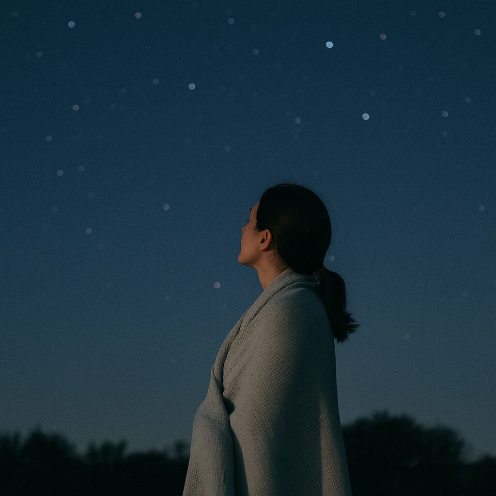A person wrapped in a blanket looks up at a star-filled night sky, standing outdoors with dark tree silhouettes in the background.