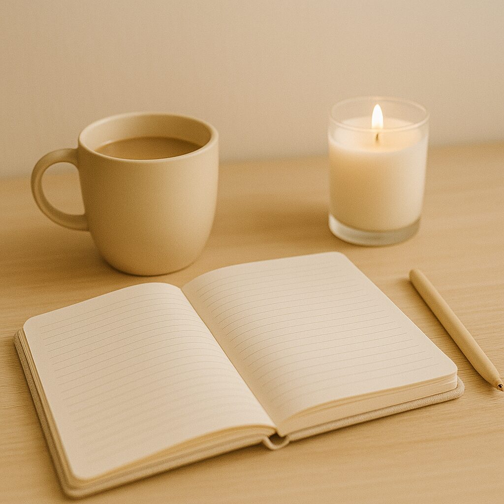 A beige mug filled with coffee, a lit white candle in a glass holder, an open lined notebook, and a matching pen are neatly arranged on a light wooden desk. The scene has a calm, minimalist aesthetic.