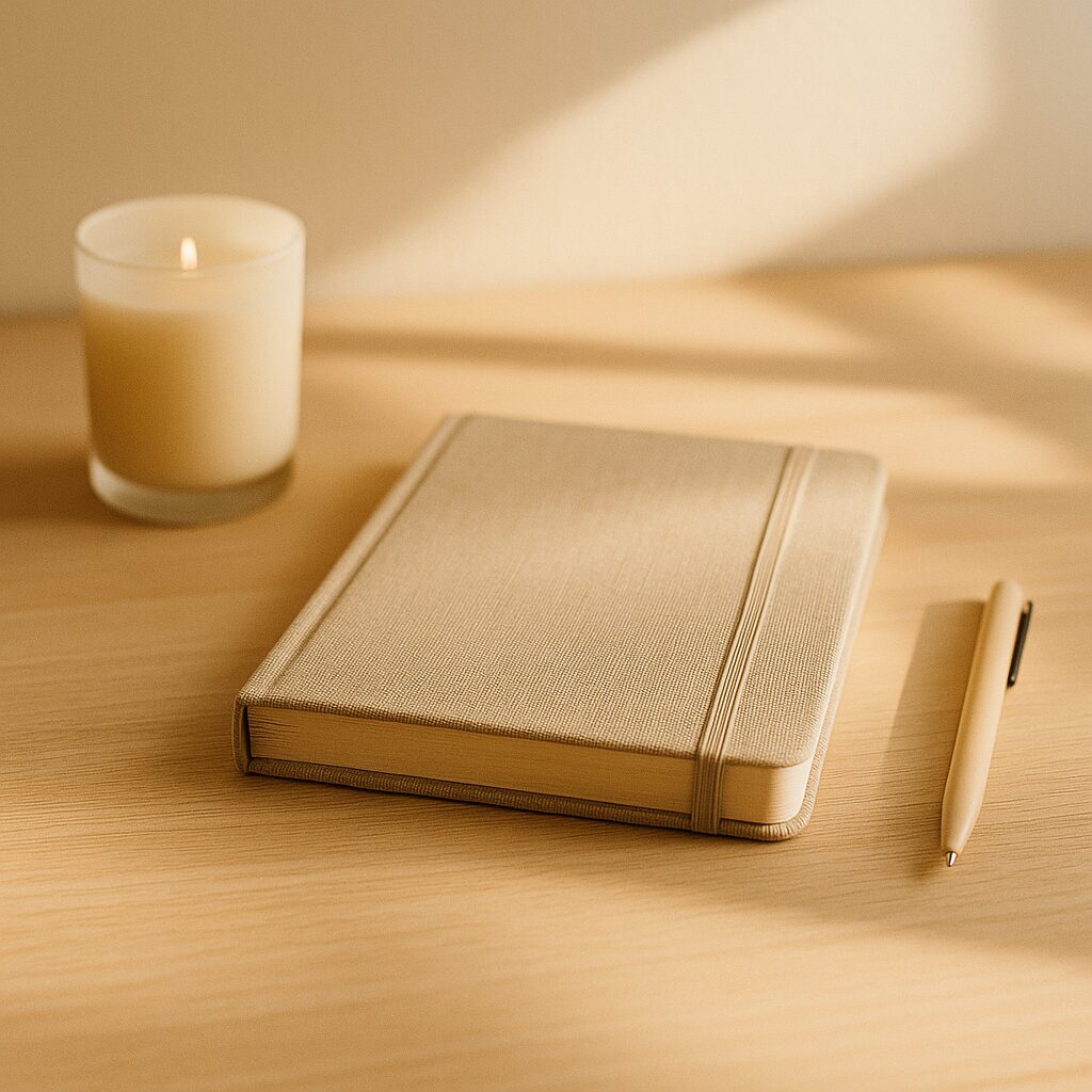 A beige notebook with an elastic band, a matching pen, and a lit candle sit on a light wooden surface, illuminated by soft natural light.