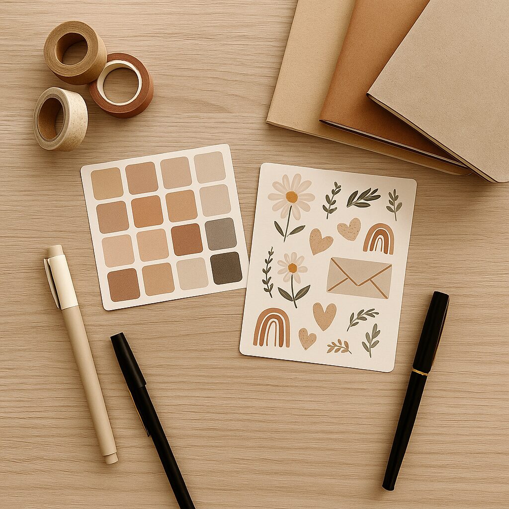 Flat lay of stationery items on a wooden surface, including two notebooks, three rolls of tape, a beige pen, a black pen, a colour swatch card, and a card with floral and rainbow designs.