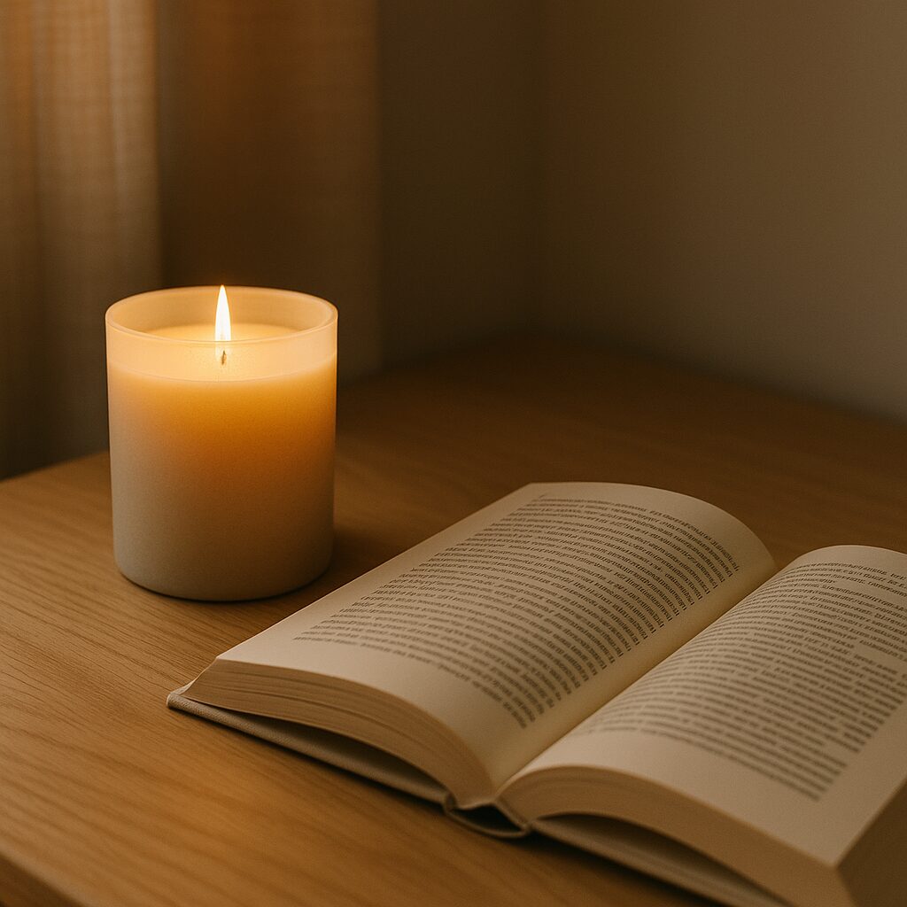 An open book rests on a wooden table next to a lit beige candle, creating a warm and cosy atmosphere in soft lighting.