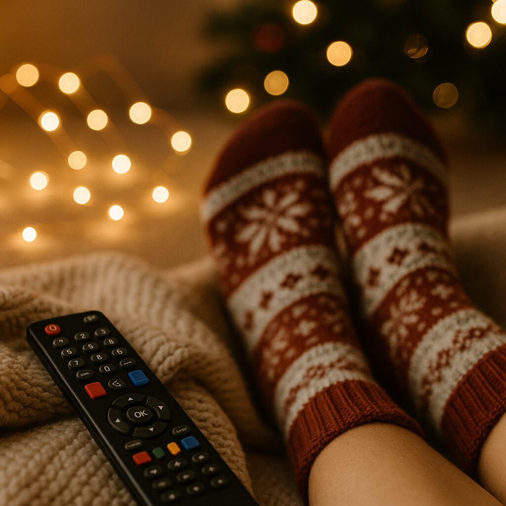 A person wearing cosy red and white patterned socks relaxes with a knitted blanket. A TV remote lies nearby and warm, blurred holiday lights glow in the background.