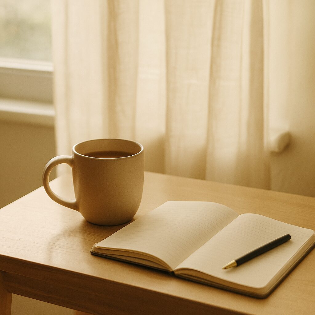A beige mug filled with a hot beverage sits next to an open notebook and a pen on a wooden table. Soft natural light filters through cream-coloured curtains in the background.