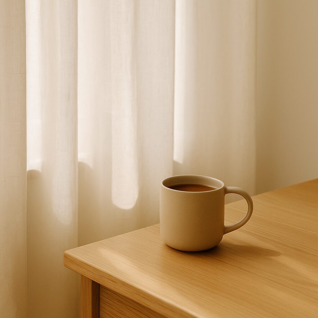 A beige coffee mug sits on a light wooden table near a softly lit window with sheer white curtains. Warm, natural light creates a calm and cosy atmosphere in the minimalistic setting.