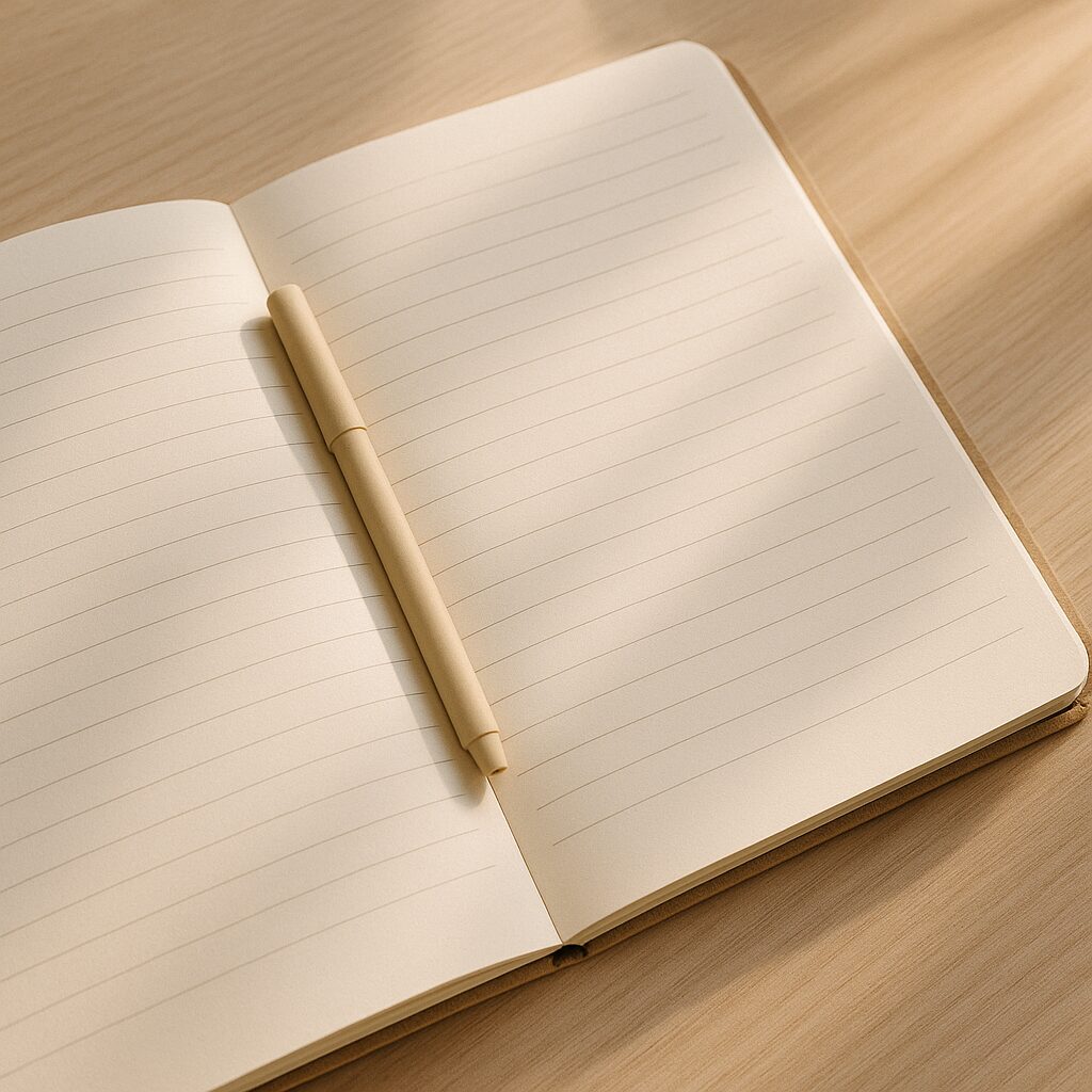 An open lined notebook lies on a light wooden surface with a beige pen placed in the centre. Soft natural light casts gentle shadows across the pages.
